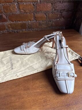 Louis Vuitton Y2K White Leather Slingback Pumps Square Pointed Toe Heels Size 39